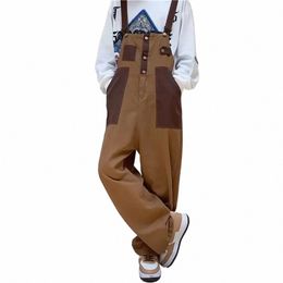 2022 Men's Retro Casual Pants Corduroy College Style Overalls Loose Brown Colour Work Trousers Spettes Romper Jumpsuit F73G#