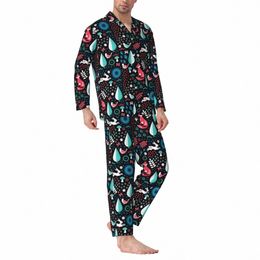 pajamas Man Red Fox Funny Daily Sleepwear Electric Forest Print 2 Pieces Casual Loose Pajama Sets Lg Sleeve Oversize Home Suit I71f#