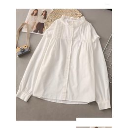 Womens Blouses Shirts Lamtrip Unique 2023 Ruffled Collar Pleated Long Sleeve White Shirt Blouse Women Drop Delivery Apparel Clothing Otxkp