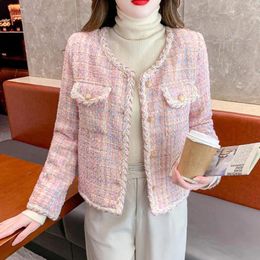 Women's Jackets Women Fall Winter Coat Single-breasted Thick Warm Long Sleeves Plaid Tweed Lady Spring Jacket Outwear