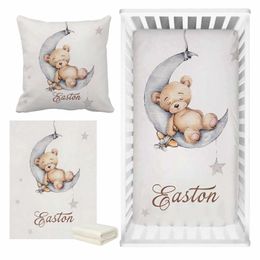 LVYZIHO Sleeping Bear Custom Name Crib Sheet Set Sleep on Moon Bedding Baby Shower Gift 240313