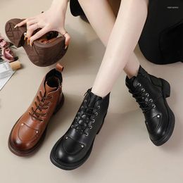 Boots XT Genuine Leather Motorcycle Women 2024 Winter Plus Velvet Cotton Doll Head Big Toe Shoes Cowhide Short