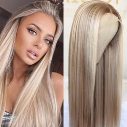 Straight 13x4 Lace Front Wig Highlight Brown Synthetic Lace Wigs for Women 2x4 Silk Base Wig Preplucked Natural Looking Glueless