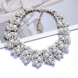 Fashion Imitation Pearls Large Collar Statement Choker Necklace Women Clear Black Crystal Rhinestones Jewelry 240322