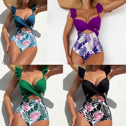 2023 New Printed Fashionable and Sexy Bikini One Piece Ruffle Edge Lace Up Open Back Swimwear for Women