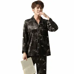 hot Spring Autumn Men Silk Pajama Sets Lg Sleeve Men Sleepwear Turn-down Collar Pajamas Nightgown r0iV#