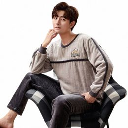2024 Korean Men Pajamas Sets Spring Autumn Men Lg Sleepwear Suit Homewear New Carto Flannel Warm Pyjama Homme Two-piece Sets U0xh#