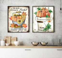 Farmers Market Fall Pumpkins Leaves Vintage Poster Rustic Metal Fall Sign Canvas Painting Country Farmhouse Style Prints Decor8879000