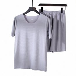 2 Pc/Set Men Pajamas Sets Short Sleeves Casual Loose Elastic Waist Thin Home Wear Casual Soft MenT-shirt Shorts Set for Slee M67E#