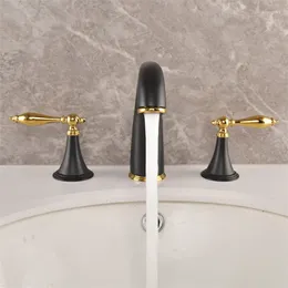 Bathroom Sink Faucets Fashion Black Gold Brass Faucet Three Holes Two Handles Basin Mixer Copper Cold High Quality Tap