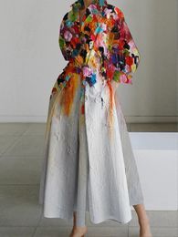 Vintage Cotton Linen Dresse Summer Elegant Lapel Oil Painting Button Midi Dress Vestidos Streetwear Party Vestido 240315