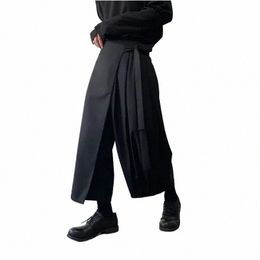 elastic Waist Tie Culottes Men Harajuku Streetwear Trend Fi Loose Casual Black Wide Leg Kimo Pants Women Skirt Trousers F4VX#