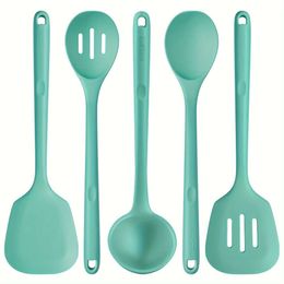 5pcs/set Cookware 13.6in Silicone High Heat Resistant Utensil, Cooking Tools Gadgets Set, BPA Free Non Stick Solid Slotted Turner Spatula, Mixing Spoon, Soup