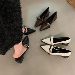 Dress Shoes Belt Buckle Low Heel Single Shoe Thick Pointed European And American Style One Line Shallow Mouth Women's