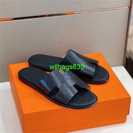 Mens Lzmir Sandals Leather Slippers Summer SoftSole Summer New Genuine Leather Beach Slippers Simple and Comfortable Trendy One Word Slippe have logo HBYN