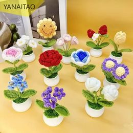 Handmade Woven Crochet Fake Plants Artificial Flowers Potted Sunflower Tulip Rose Home Office Table Decor Car Decoration Gifts 240322