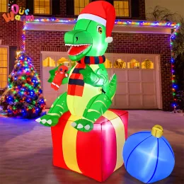 Hats 6FT Christmas Inflatables Dinosaur with Hat Gift Box Outdoor Decorations with Buildin LEDs Yard for Xmas Garden Lawn Decoration