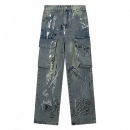 men Jeans Graffiti Print Multiple Pockets Denim Trousers Harajuku Vintage High Waist Straight Cargo Pants Y2k Streetwear Unisex H246#