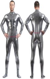 Men039s Body Suit Costumes Front Long Zipper Silver Grey Shiny Lycra Metallic Men Catsuit Costume Outfit No HeadHand Halloween3521998