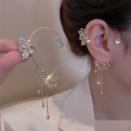 Dangle Chandelier Shiny Zircon Butterfly Ear Cuff Gold Colour Tassel Clip On Earrings For Women Korea Style Copper Earring Without Pier Otocq