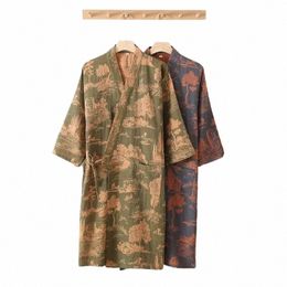blue Green Colors Printed Robe for Men Cott Kimo Men Bathrobe for Spring and Summer Autumn Cott Lg Style Men Kimo Robe N0lq#