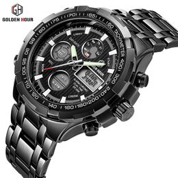 Reloj Hombre GOLDENHOUR Black Quartz Mens Watch zegarek meski Digital Wrist Watches Military Sport Male Clocks Relogio Masculino267C