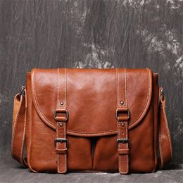Bag Vegetable Tanned Brown Coffee Top Grain Genuine Leather Women Men Messenger Bags A4 Male Shoulder High Quality Vintage M1023