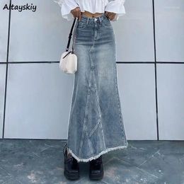 Skirts Denim Blue Long Women Sexy Vintage Frayed Bleached Fashion High Street A-line Casual Personality Ulzzang All-match Faldas
