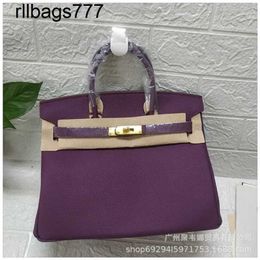 Bk Genuine Leather Family Handbag 2024 Lychee Pattern Bag Fashionable Purple Top Layer Cowhide Women's Bag Mouth Lock Bag Original Logo