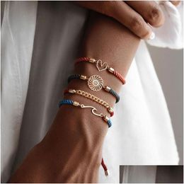 Charm Bracelets Four-Piece Bracelet Set Red Green Blue Pink Rope For Women Wavy Flower Chain Heart Bangles 11Z6C4 Drop Delivery Jewel Dhpwo