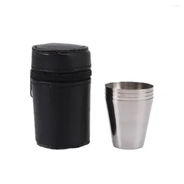 Cups Saucers 4PCS 30ml Stackable Travel Beer Food Grade Metal Cup Stainless Steel Camping PU Leather Cover Durable Hiking