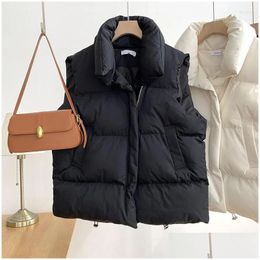 Womens Vests Cotton Coat Vest For Women 2023 Autumn Winter Korean The White Stand Collar Sleeveless Jackets Outerwear Crop Top Mujer D Otmh9