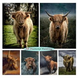 Stitch Highland Battle 5D AB Diamond Painting Highland Cow Scotland Rhinestones Bull Embroidery Animal Art Cross Stitch Kit Decor