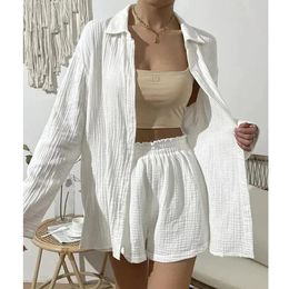 100 Cotton Gauze Muslin Sets For Women 2 Pieces Long Sleeve Shirts And Loose High Waist Mini Shorts Ensemble Femme 240323