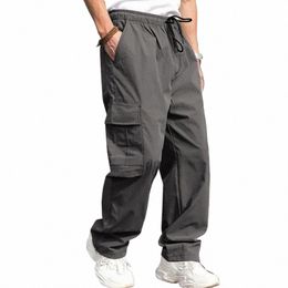 men Cargo Pants Multi Pockets Drawstring Elastic Waist Solid Colour Loose Wide Leg Straight Soft Streetwear Full Length Men Lg n0Aj#