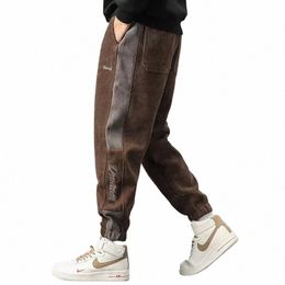 2023 Autumn and Winter Fi Plush Thickened Corduroy Loose Fi Versatile Strap Panel Ctrast Color Casual Men's Pants l0er#
