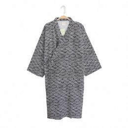 mens 100% Cott Gauze Robes Japanese Kimo Robe Three Quarter Bathrobe Black V-Neck Sleepwear Water Ripples Print Sleep Tops g13M#