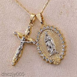 Pendant Necklaces Classic Gold Plated Cross Crucifix Jesus Necklace Virgin Mary Religious Jewelry for Men Women Party Gifts TGUE UIME