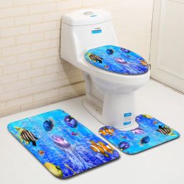 Mats Underwater World 3D Bathroom Mat Toilet Threepiece Set Anti Slip Carpet Doormat Bathroom Cover Toilet Seat Mat Rug for Toilet