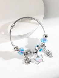 1pc Stainless Steel Bracelet With Blue Beads Daisy Charms, Diy Beaded Bracelet, Perfect For Valentine'S Day, Party And Festival Wear