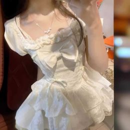 Korean Style Sweet and Spicy Girl Dress Womens Summer 2024 New French Niche Bubble Sleeve Fleeing Princess Skirt Fluffy