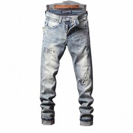 fi Designer Men Jeans High Quality Retro Light Grey Blue Elastic Slim Fit Ripped Jeans Men Patched Vintage Pants Hombre V1G1#