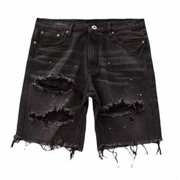 men Denim Shorts Men's Summer Distred Denim Shorts Stylish Butt Fly Jeans with Ripped Holes Multi Pockets Slim for Youth Q2hC#
