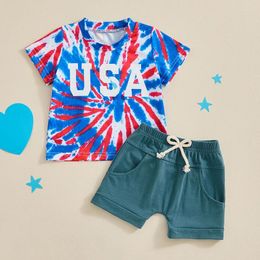 Clothing Sets Baby Boys Short Sleeve Letters Print T-shirt With Elastic Waist Shorts Set Summer Outfit For 4th Of July Clothes