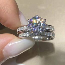 2024 Choucong Six Claw Wedding Rings Classical Jewellery 925 Sterling Silver Fill Large Round Cut 5A Cubic Zircon CZ Diamond Women Couple Bridal Ring Set Gift