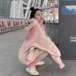 Pink Hoodie for Women in Autumn and Winter, New 2023 Loose Korean Version, Lazy Tie Dyed Long Sleeved Plush Jacket Trend