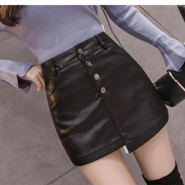 Skirts Single Breasted Irregular PU Leather Skirt Women's Office Lady Asymmetric Black 2024 Autumn Skorts Y2K