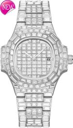 Shining Luxury Mens Diamond Watch Full Ice Rectangular Quartz Simulated Stainless Steel Waterproof Watch Hip Hop Rap Singer