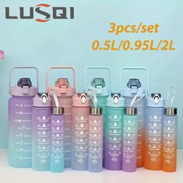LUSQI 3pcsset Sports Water Bottle Leakproof Motivational With Straw And Time Marker Gradient Colour Plastic Cup BPA Free 240325
