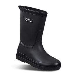 Mid-Calf Rain Boots Mens Non-Slip Construction Site Wear Resistance Rubber Shoes Outdoor Fishing Waterproof Boots Winter Warm 240309